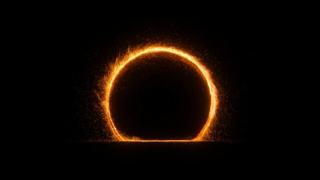 Fantastic magic portal on black background. Detailed UHD animation with intro and outro. Orange fire ring with sparkles bouncing off the ground. Teleportation process.