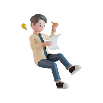3d male character writing on paper. 3D illustration.