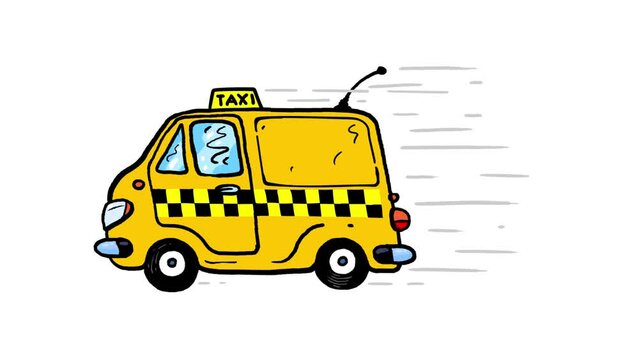 Taxi bus services car cartoon animation isolated. Fast driving. Seamless loop, alpha channel included.