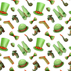 Leprechaun clothes watercolor seamless pattern. Top hat, vest, bow tie, boots, smoking pipe, sock, bowler hat. Gentleman's accessories. Hand drawn illustration on white background.