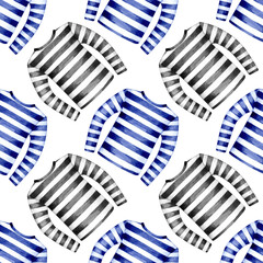 Watercolor seamless pattern striped long sleeve. Underwear in white and blue stripes. Hand drawn illustration on white background.