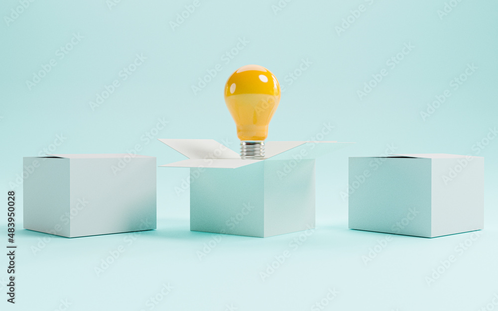 Poster yellow lightbulb inside of open white box between two close boxes on blue background for creative th