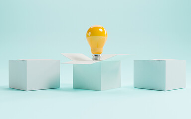 Yellow lightbulb inside of open white box between two close boxes on blue background for creative...