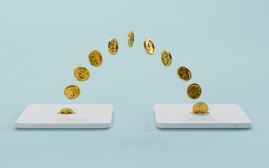 Golden coins moving between mobile phone for money transfer and internet mobile banking or...