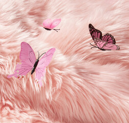 Colorful butterflies flying above faux fur pastel pink background. 80s, 90s retro aesthetic...