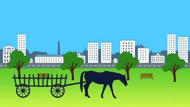 Animation with a horse pulling a cart in the city (seamless loop)