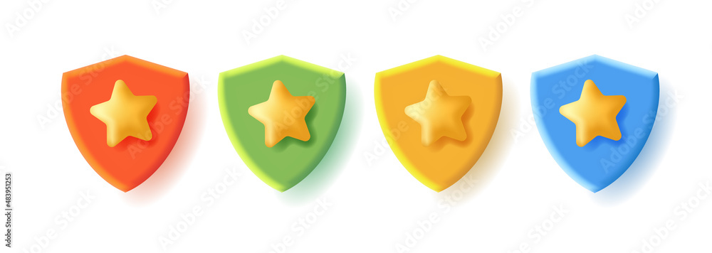 Poster 3d icons set of a shield with star in different colors
