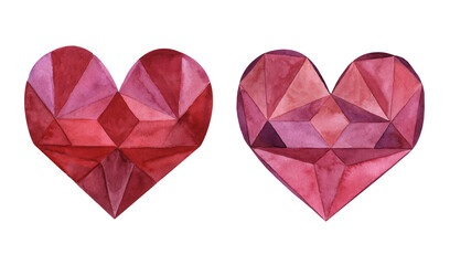 set of hearts, watercolor hearts pink, diamond