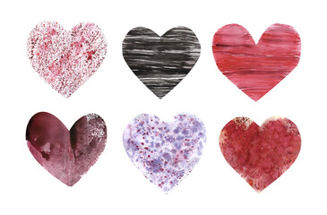 set of hearts, watercolor hearts,black, purple,red,abstract
