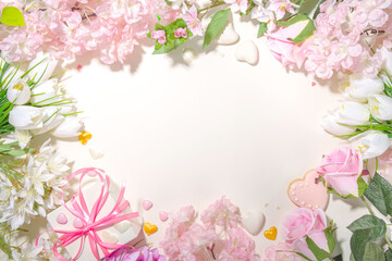 Obraz na płótnie Canvas Pink and white spring holiday background with various cute tender flowers. Valentine day, international women's day 8 march, birthday, mother's day greeting card mockup top view flatlay frame