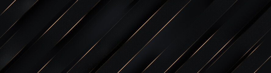 Black luxury background with golden diagonal stripes. Dark elegant dynamic abstract BG. Trendy geometric grey gradient. Universal minimal 3d sale modern backdrop. Amazing shine deluxe lines template