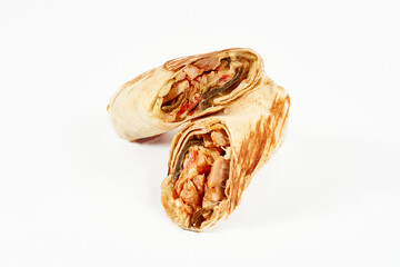 Shawarma roll with meat, vegetables, red sauce in pita isolated on white background