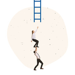 Contemporary art collage. Office worker helping employee to reach climbing ladder of success