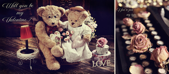 Valentines card with cute teddy bear couple and old typewriter keyboard in vintage style with...