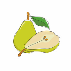 Green pear isolated on white background. Vector illustration. Cut green pear and half