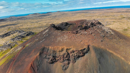 Saxholl Crater is a famous volcano in Iceland. Aerial view in summer season from drone. © jovannig