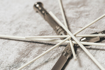 Set of sharp scrapers and fiberglass brushes for the mechanical cleaning of coins and...