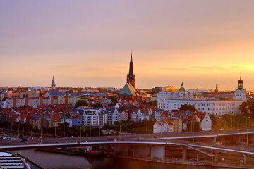 Fototapeta na wymiar stunning view of the city of Szczechin at sunset from a bird's eye view
