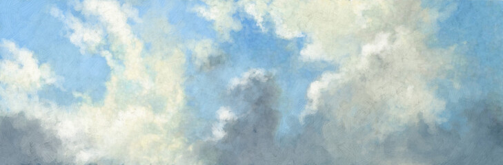 Oil paintings landscape, fine art, blue sky with clouds, background texture - obrazy, fototapety, plakaty