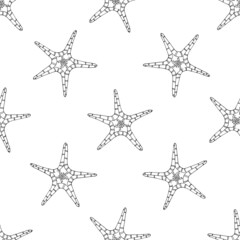 A starfish pattern. a seamless pattern of a starfish drawn in a sketch style with 5 long tentacles with dots and stripes, an isolated black outline randomly arranged on white for a design template