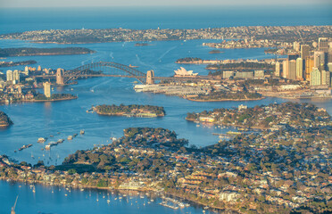 Aerial view of Sydney skyline from ariplane, New South Wales, Australia.
