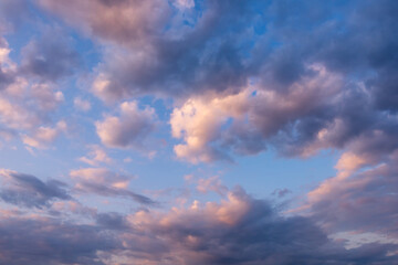 Evening blue sky with divine soft pink clouds. Sky replacement texture.