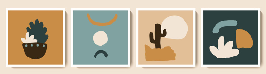 Collection of abstract organic shapes wall art posters. Cute hand drawn illustrations for card, social media post, wallpaper. Vector minimalist style design