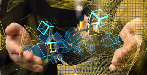 Digital cyberspace with particles and Digital data network connections concept.