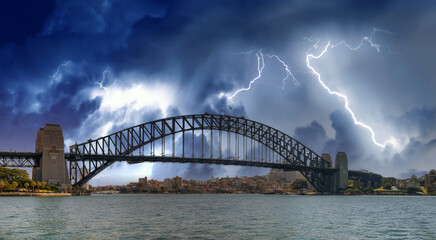 Naklejka premium Panoramic view of Sydney Harbour Bridge during a storm, New South Wales - Australia