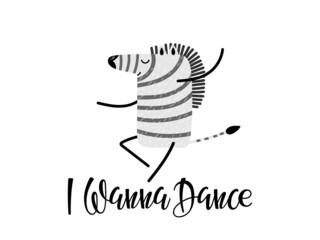 I wanna Dance lettering and Happy Zebra in dance pose. Cartoon happy Dancing zebra. Funny character in animalistic print. Handwritten typography template for poster, greeting card, invitation.