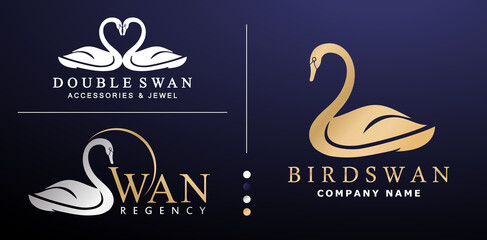 illustration of Swan logotype golden colors design, Double swan vector isolated background applicable for company name, jewelry sign, branding label & logo concept, beauty store, hotel, corporate logo © DJOE n REIZ