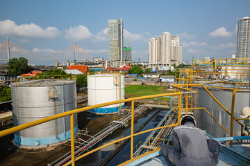 Naklejka premium Male two worker are for inspection ultrasonic thickness roof plate dome top