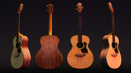 Acoustic guitar, wooden Musical instrumentisolated isolated on black background. 3D render