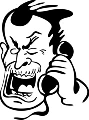 The man is talking to someone on the phone and shouting at the same time
