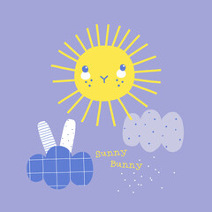 Whimsical Bunny ears in the cloud sun rain dreamlike vector illustration. Sunny bunny phrase. Childish Groovy spring sky poster for Easter card or nursery. 