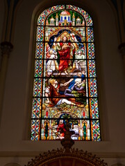 Stained glass window in St. Johannes Baptist parish church, Neheim, Arnsberg-Neheim, Sauerland, North Rhine-Westphalia, Germany, commonly known "Sauerl&auml;nder Dom"(Sauerland cathedral)