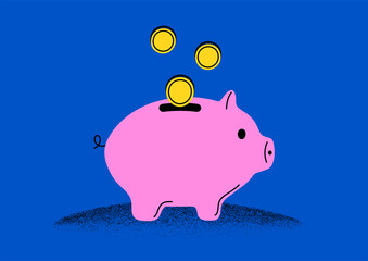 Piggy bank with golden coins on blue background.