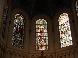 Stained glass window in St. Johannes Baptist parish church, Neheim, Arnsberg-Neheim, Sauerland,...