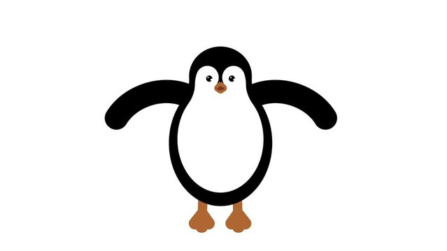 Cartoon cute penguin flapping wings, black penguin on white background