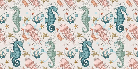 Seamless pattern with seahorse and jellyfish. Pattern with marine inhabitants for background and design. Set of colorful hand drawn clams for design. Set of isolated marine inhabitants . - obrazy, fototapety, plakaty
