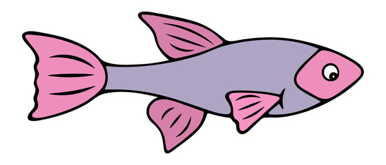 Freshwater fish. Guppy. Pet in the aquarium. Purple fish. Color vector illustration. Cartoon style. Isolated background. Idea for web design, book.
