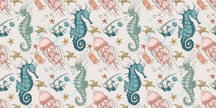 Seamless pattern with seahorse and jellyfish. Pattern with marine inhabitants for background and design. Set of colorful hand drawn clams for design. Set of isolated marine inhabitants .