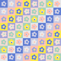 Retro Multicoloured Checkerboard Naive Floral Daisy vector seamless pattern. Groovy flower background. Geometric floret design for nursery and baby fashion.