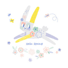 Whimsy flourish bunny hopping in flowers with butterly vector illustration isolated on white. Hello Spring phrase. Dreamlike rabbit groovy spring kid-like print.
