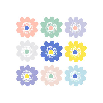 Multicoloured Naive Floral Daisy vector illustration set isolated on white. Groovy spring flowers childish print for nursery and baby fashion.