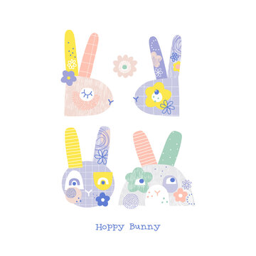 Cute flourish bunny heads vector illustration set isolated on white. Happy Bunny phrase. Whimsical Easter print for holiday postcard design.