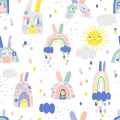 Quirky bunny heads rainbow sun clouds vector seamless pattern isolated on white. Groovy spring sky background. Childish nature surface design for nursery and baby textile.