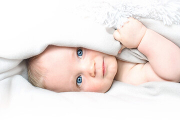 Little caucasian baby under white blanket. Small kid with blue eyes on light white background with...