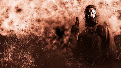 grown male stalker holds a gun pistol in his hand. He is dressed in a protective jacket with a hood, a gas mask. He looks into the camera. On a grunge brown background. Poster apocalyptic