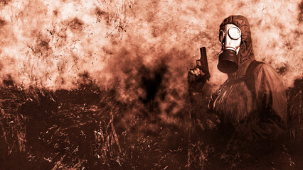A grown male stalker holds in his hand a magical artifact, a gun pistol. He is dressed in a protective jacket with a hood, a gas mask. On a grunge brown background. Poster apocalyptic